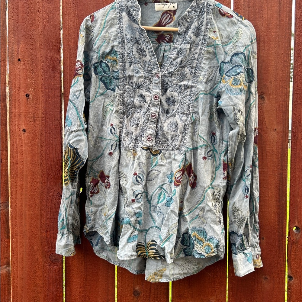 Vintage Goa Medium Blue Embroidered Long Sleeve Blouse Floral Pull On